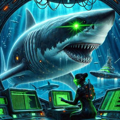 The primary subject of the image is a woman sitting in front of a computer. She is wearing a black outfit and appears to be working on the computer. The setting is an underwater environment, with a shark swimming nearby. The visual style is digital art, and the colors and mood are dark and mysterious.